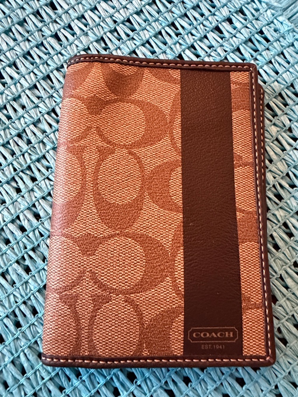 Coach Brown Signature Passport Wallet with Dark Brown Stripe